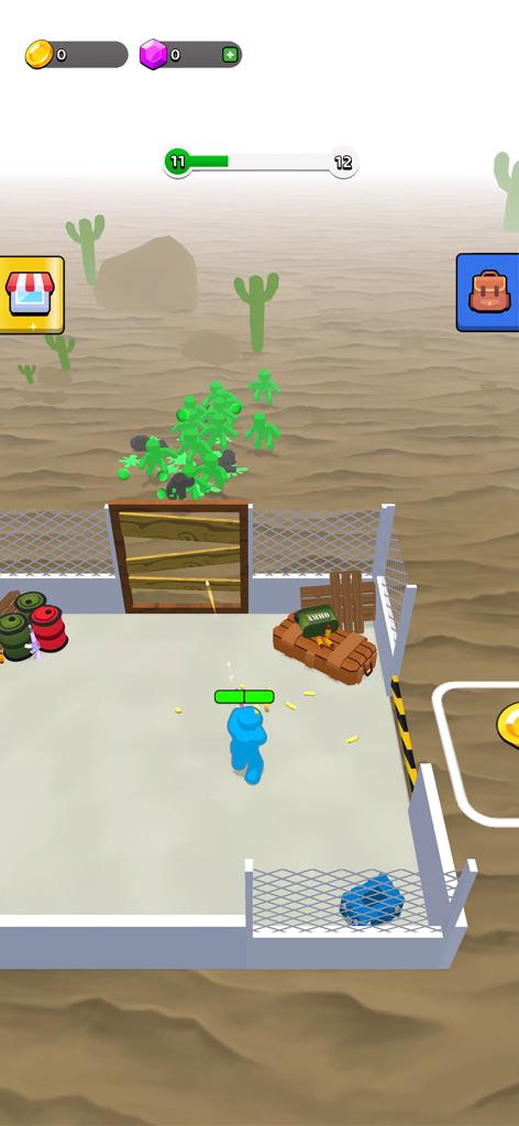 Gameplay of Z defense showing a blue character shooting at a horde of green zombies from behind a fence