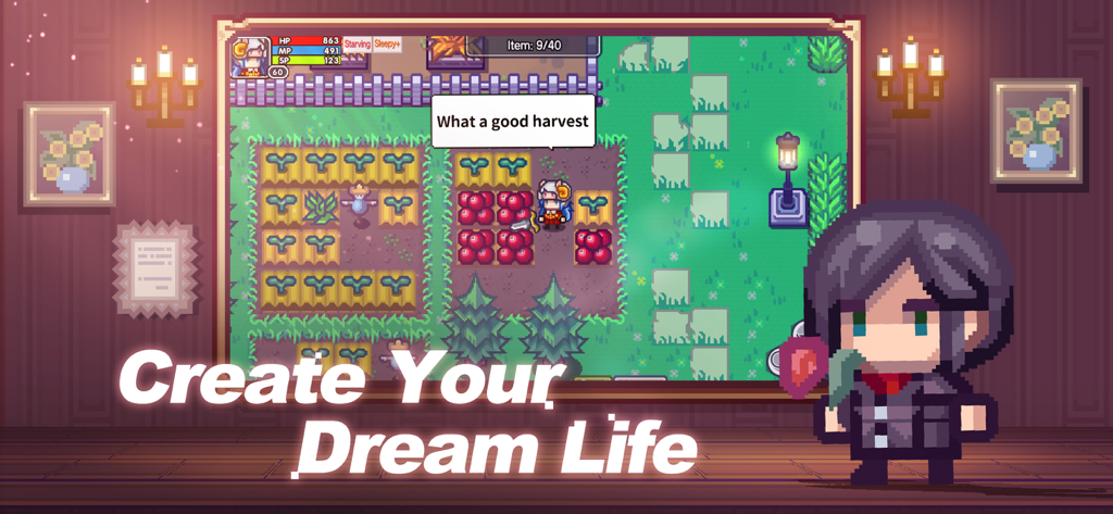 Elona Mobile - Pixel art character harvesting crops on a farm in Elona Mobile with the text Create Your Dream Life