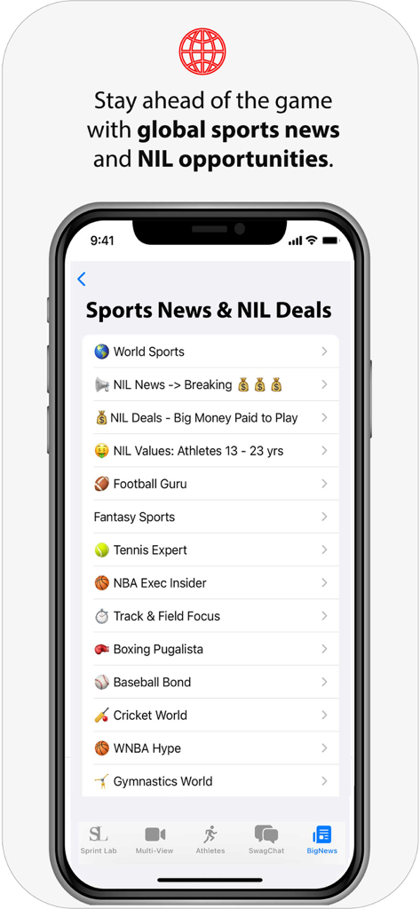 Swagger Eyes: SprintTimer - Mobile app screen displaying sports news categories and NIL deal opportunities for student athletes.