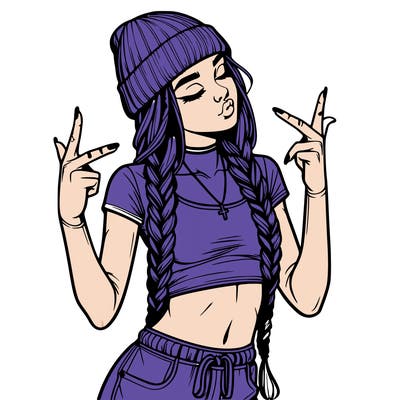 realistic teenage girl with braids and a beanie and crop top doing 🫶🏼