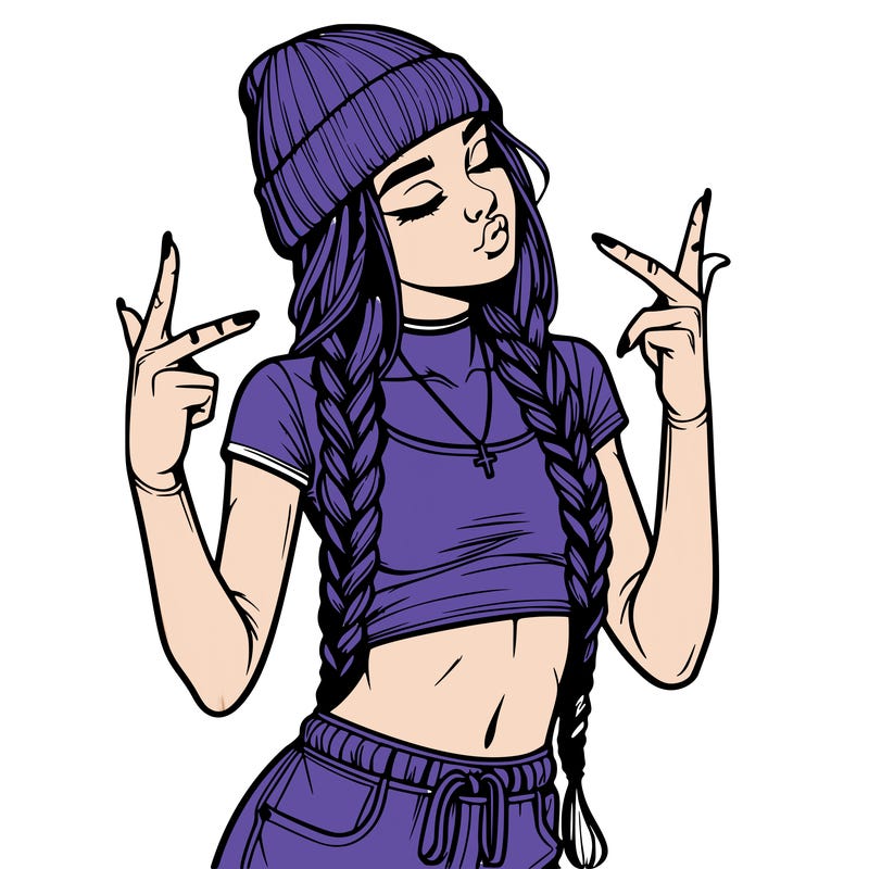 realistic teenage girl with braids and a beanie and crop top doing 🫶🏼