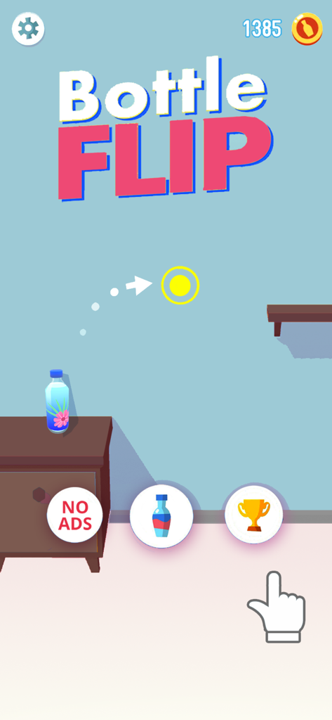 Gameplay screen of Bottle Flip Era showing a bottle ready to flip with a trajectory indicator