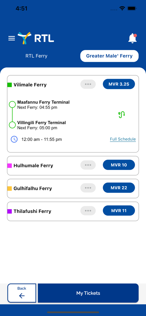 RTL Travel App - Écran de l'application RTL Travel montrant les horaires des ferries du Grand Malé et les prix des billets