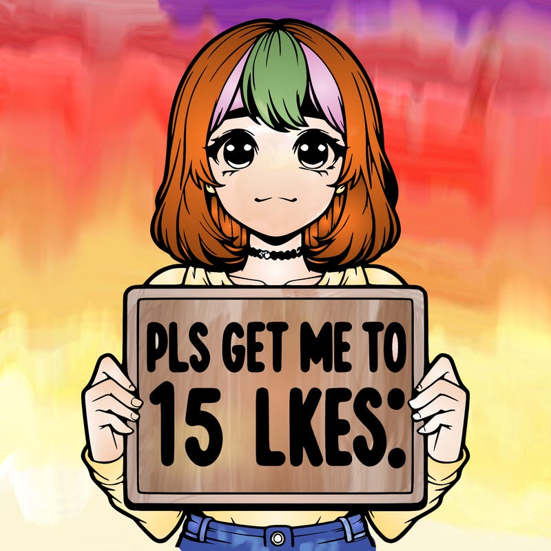 realistic girl holding up a sign that says “pls get me to 15 likes!”