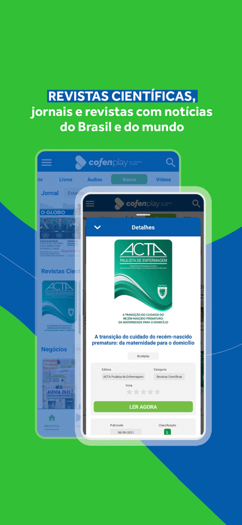 Cofenplay app screen showcasing nursing scientific journals and global news publications