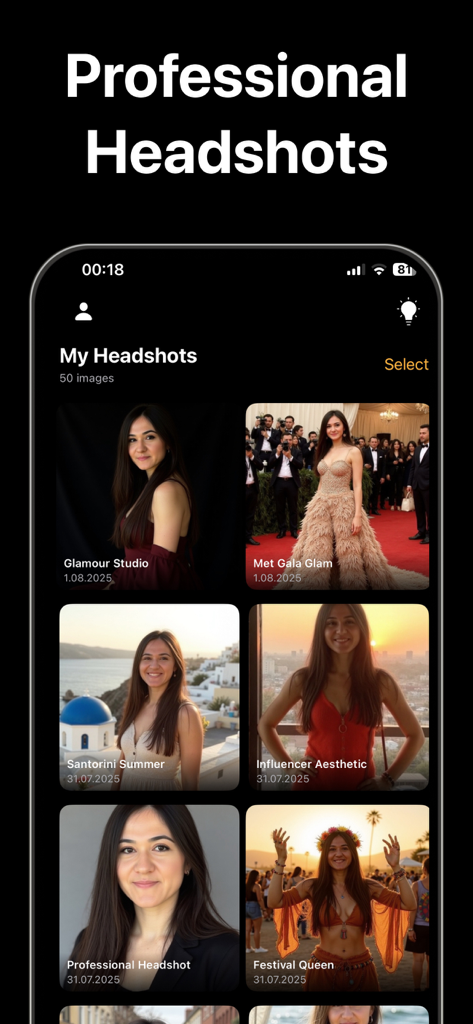 AI Professional Headshot・Visia - Interfaz de la aplicación Visia mostrando una colección de retratos profesionales y de estilo de vida generados por IA