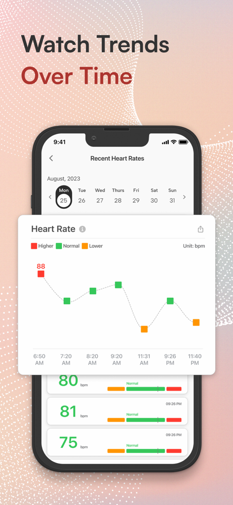 A smartphone showing a heart rate trend graph with color coded pulse readings and a daily history list