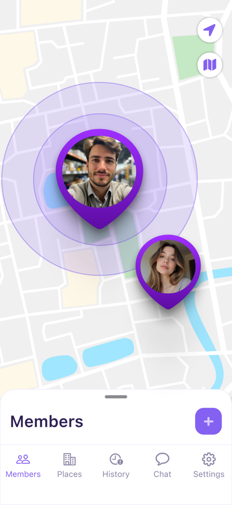 Seguimiento de ubicación en tiempo real de miembros de la familia en una interfaz de mapa con avatares de usuario.