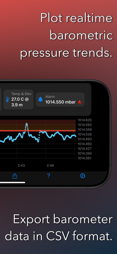 Barograph: Barometer Graph - Barograph-App-Oberfläche mit Echtzeit-Luftdrucktrends und CSV-Datenexportfunktion