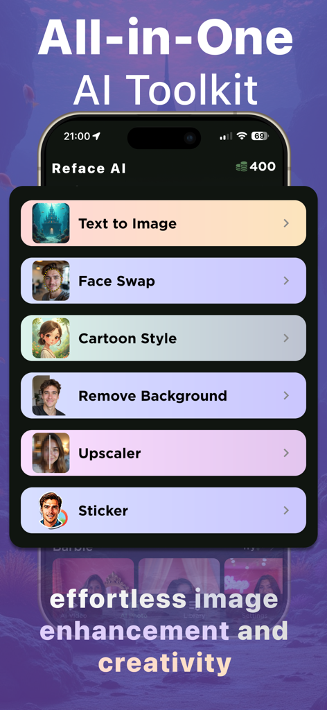 Reface AI: Swap Face & Photo - Die Hauptoberfläche der Reface AI App zeigt das All-in-One-KI-Toolkit mit Funktionen wie Gesichtstausch und Cartoon-Stil.