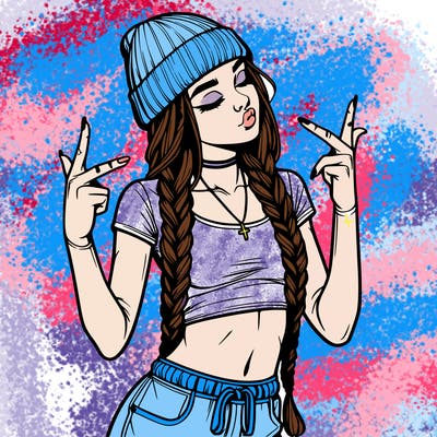 realistic teenage girl with braids and a beanie and crop top doing 🫶🏼