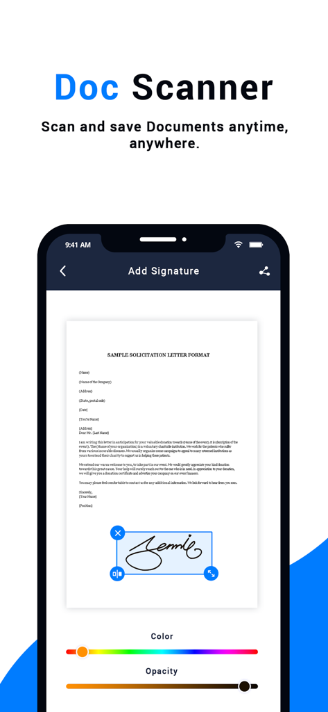 Doc Scanner- PDF Document Scan - Interfaz de la aplicación Doc Scanner para agregar una firma digital a un documento PDF