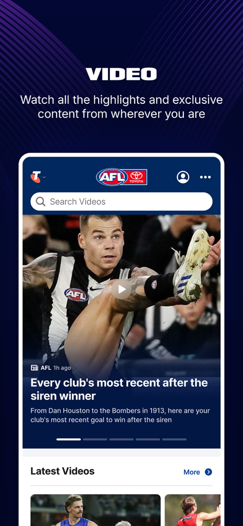 Video highlights and match replays screen in the AFL Live Official App