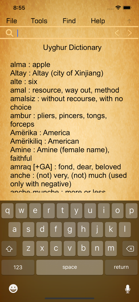 Learn Uyghur Handwriting ! - Screenshot of the Uyghur-English dictionary interface showing a list of words and their meanings over a parchment background with a mobile keyboard