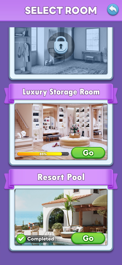 Screw Frenzy: ASMR Home - Schermata di selezione della stanza nel gioco che mostra i progressi della ristrutturazione per un lussuoso magazzino e una piscina resort.