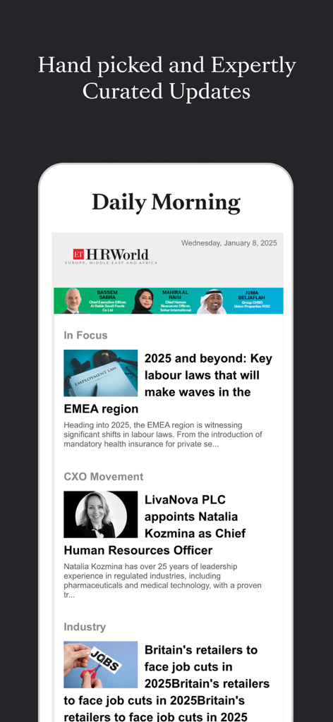 ETHRWorldME 앱의 매일 아침 화면에 엄선되고 전문가가 큐레이션한 HR 산업 업데이트 및 보고서가 표시됨