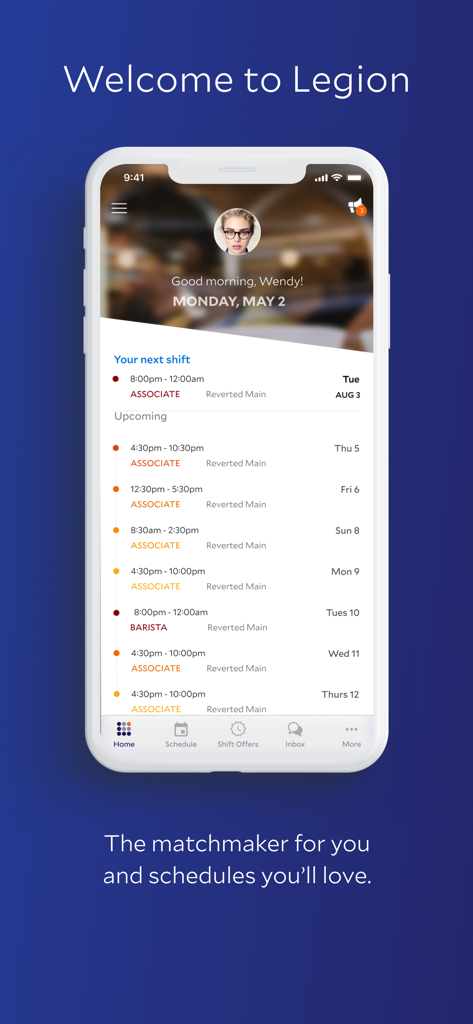 Legion Workforce Engagement mobile app home screen showing upcoming work shifts for an employee