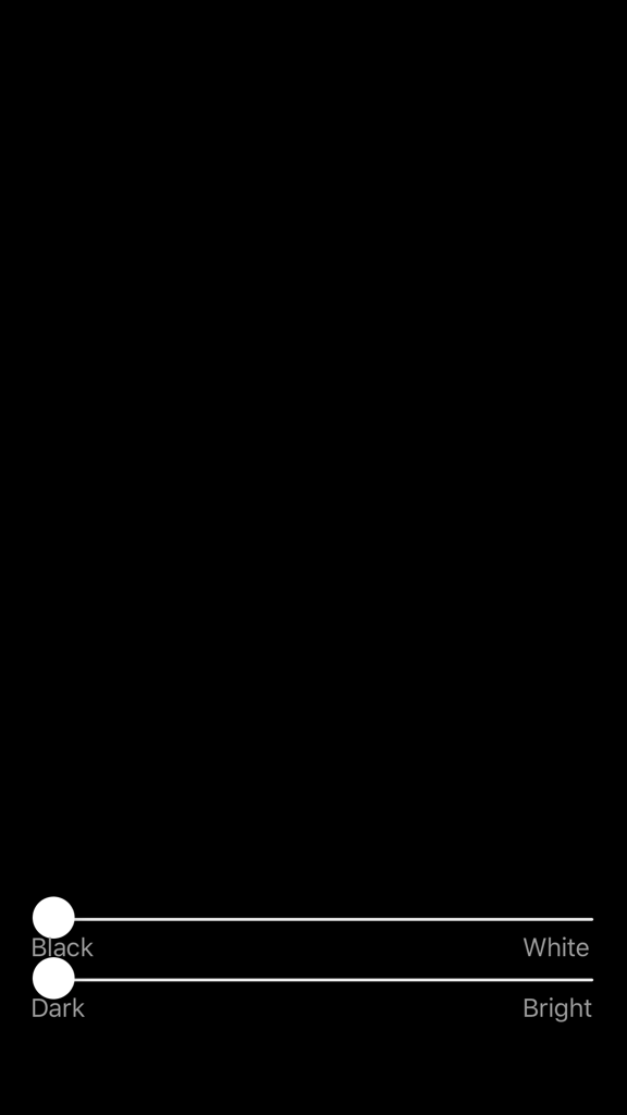 Interfaz minimalista de la aplicación screen-light que muestra deslizadores de color y brillo sobre un fondo negro