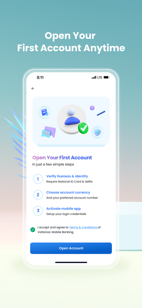 Vattanac Bank mobile app interface showing the three steps to open a new account remotely