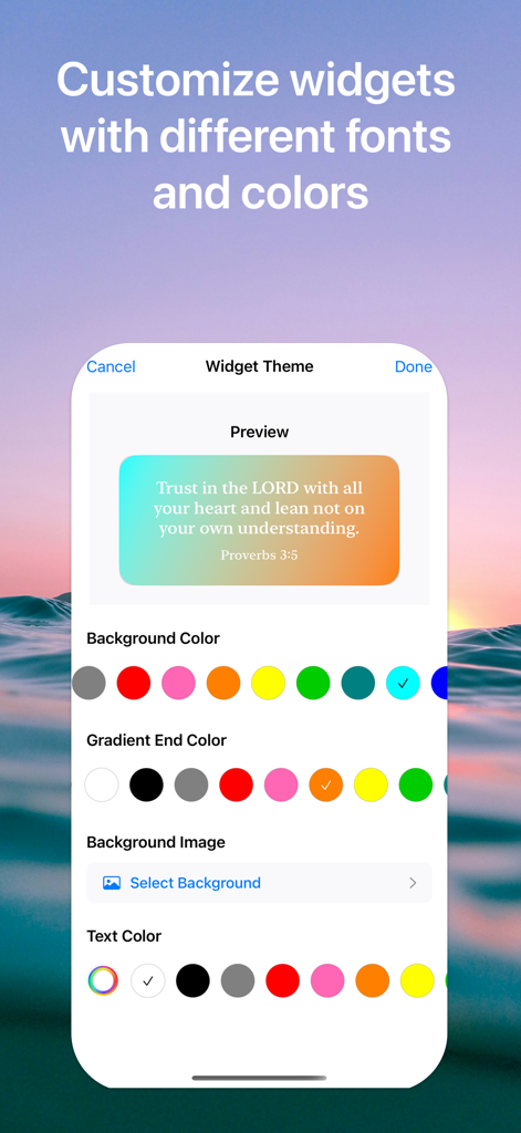 Bible Verse Lock Screen - Screen showing options to customize Bible verse widget themes with different colors and fonts