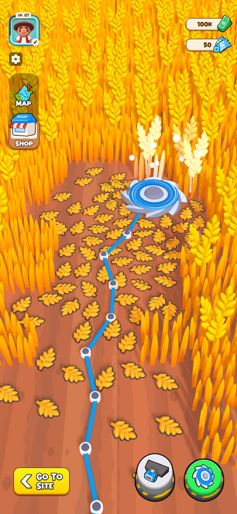 Farm Crusher - Idle Game - A spinning blue blade cutting through a field of yellow wheat in the Farm Crusher mobile game