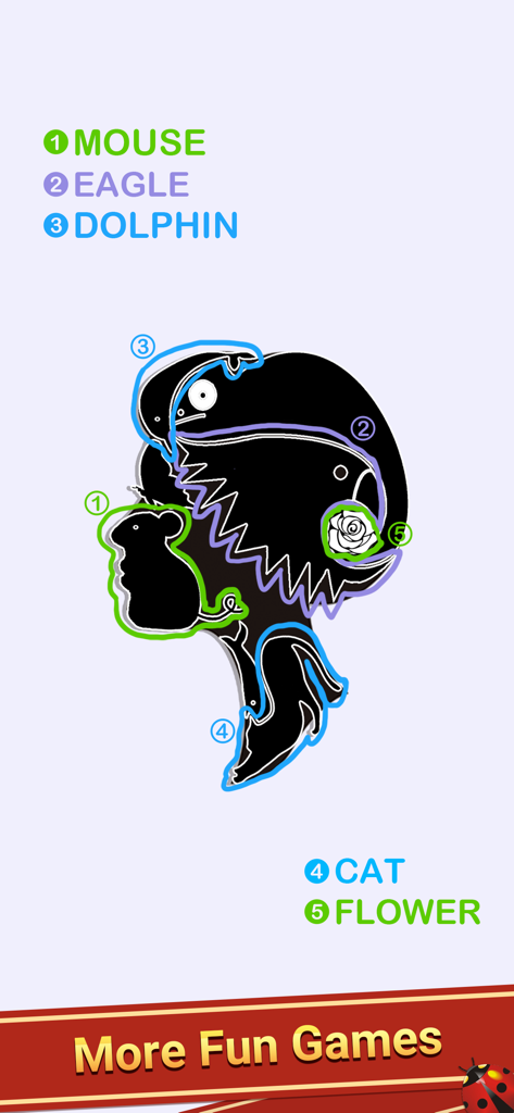 Word Link - Word Puzzle Game - Ein visuelles Denkspiel von Word Link, das eine Silhouette mit versteckten Objekten wie einer Maus, einem Adler und einem Delfin zeigt.