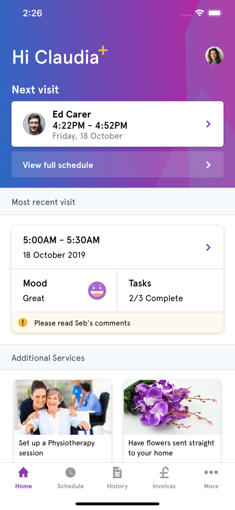 Cera Care - Cera Care app dashboard showing upcoming caregiver visits and recent visit notes.