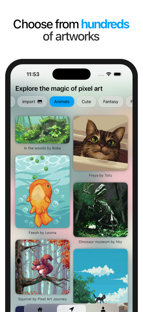 The gallery screen of the Pixquare app showing various pixel art images like a cat, a dinosaur, and a squirrel to choose for coloring.