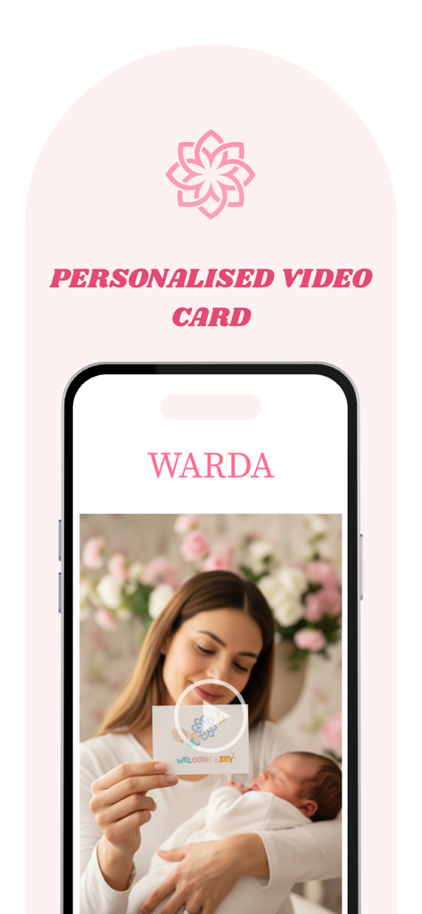 WARDA – Online Flowers & Gifts - A mobile phone displaying the WARDA app screen for creating a personalized video card featuring a mother and baby
