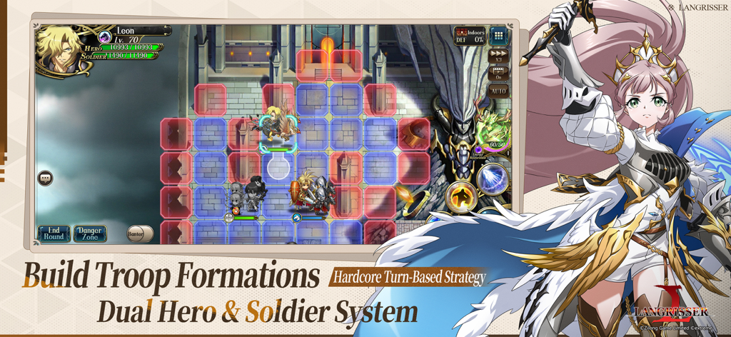 Langrisser mobile game screenshot showing tactical turn-based grid combat and hero formations