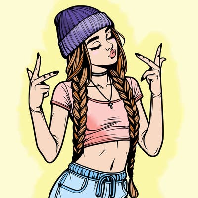 realistic teenage girl with braids and a beanie and crop top doing 🫶🏼
