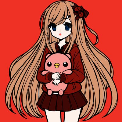 a girl with long hair holding a plushie also anime styled