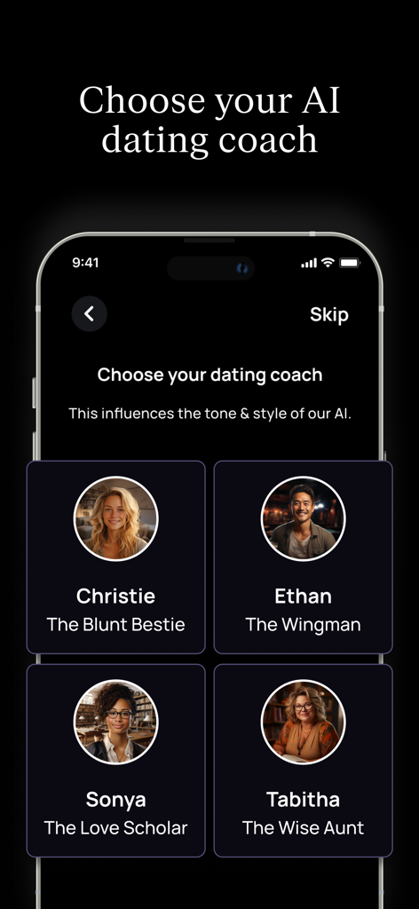 Amori: personal dating coach - Screen in the Amori app showing four AI dating coach personas including Christie the Blunt Bestie and Ethan the Wingman
