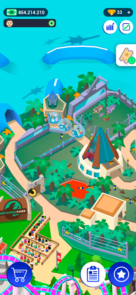 Gameplay screenshot of the dinosaur expansion in Idle Theme Park Tycoon showing prehistoric enclosures and visitor queues