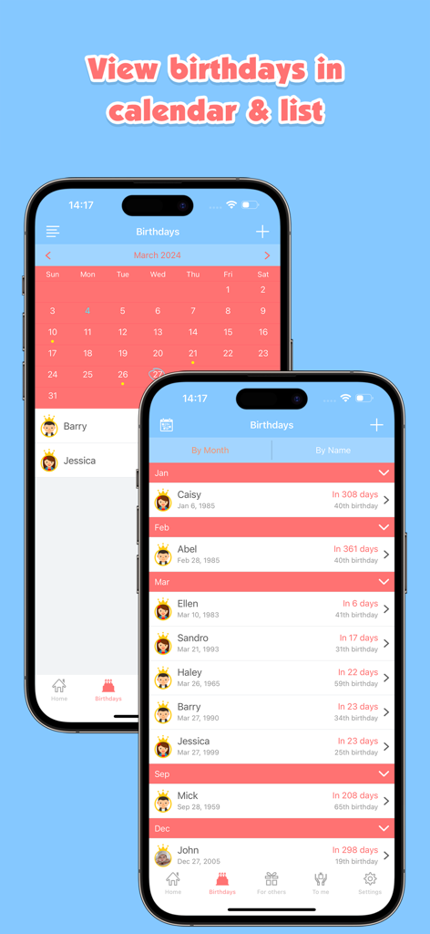 Duas telas de iPhone mostrando uma visualização de calendário de aniversários e uma lista cronológica de aniversários futuros com ícones de nomes e dias de contagem regressiva.