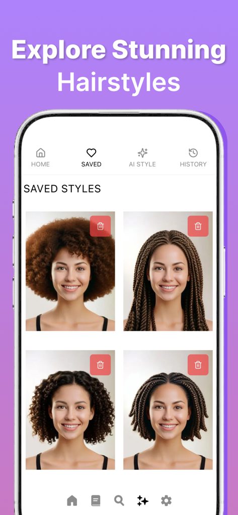 Braid & Style: African Hair - Pantalla de smartphone que muestra peinados africanos guardados como trenzas y estilos afro