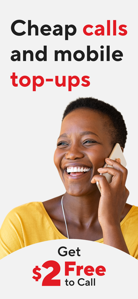 BOSS Revolution: Call & Top up - Uma mulher sorrindo falando em seu smartphone com texto oferecendo chamadas internacionais baratas e um bônus de chamadas grátis de dois dólares