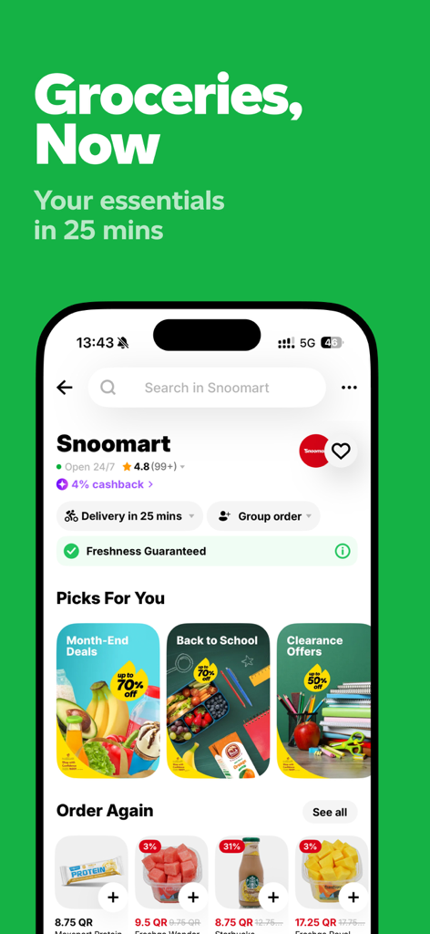Snoonu mobile app interface showing Snoomart grocery delivery categories and food items