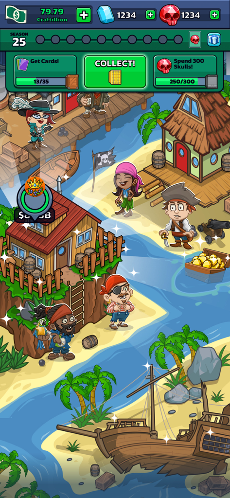 Idle Distiller Tycoon Game - Jugabilidad de la isla tropical con temática pirata en el juego Idle Distiller Tycoon