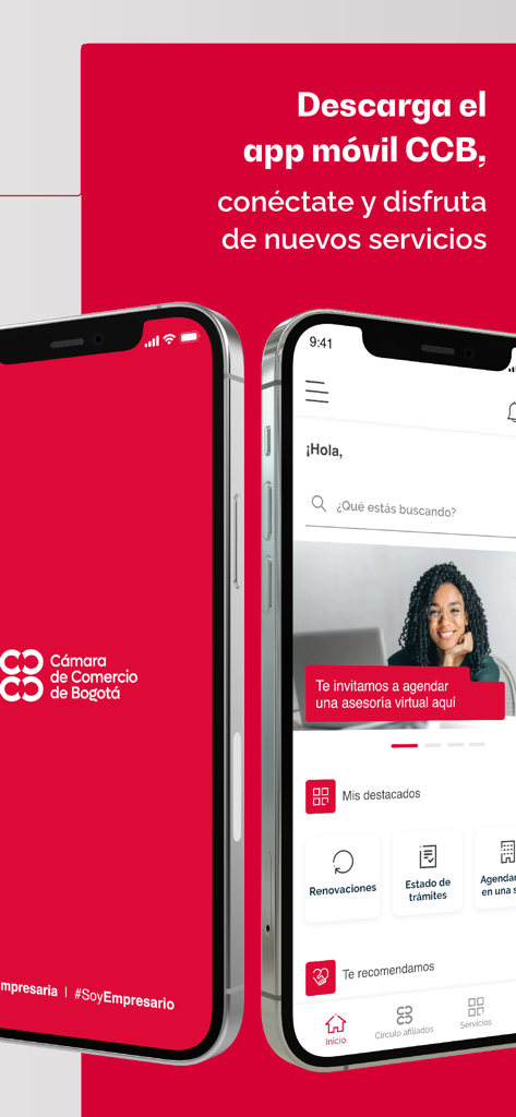 App Móvil CCB - Dos iPhones mostrando la pantalla de inicio de la App Móvil CCB y el panel de servicios