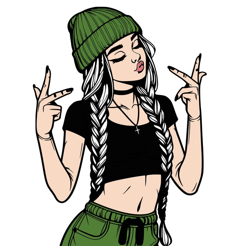 realistic teenage girl with braids and a beanie and crop top doing 🫶🏼