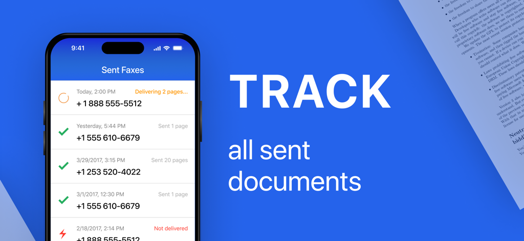 Fax Pro app interface showing the tracking of sent documents and fax delivery status on an iPhone