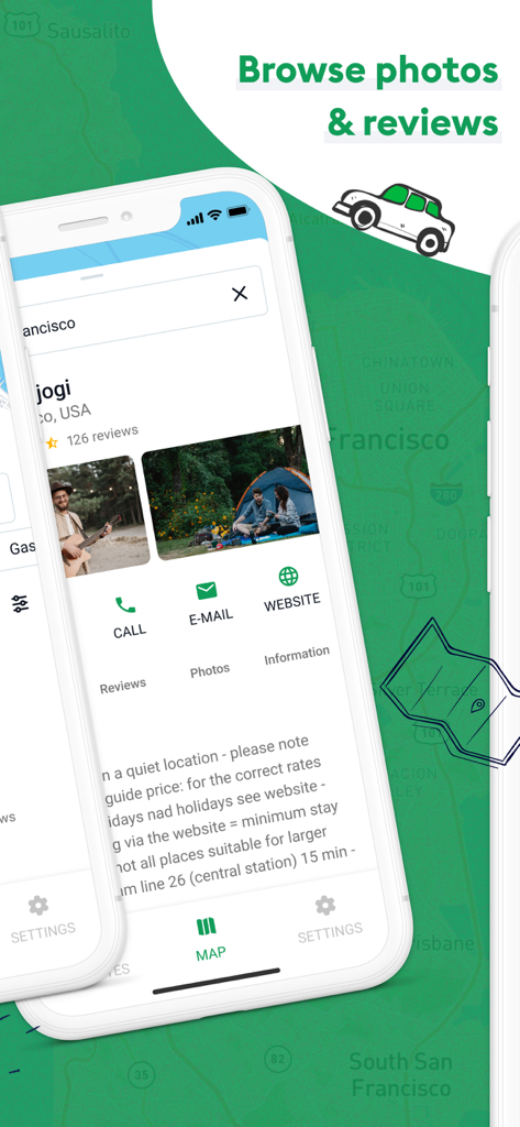 RV Campgrounds App-Bildschirm mit Fotos von Campingplätzen und Nutzerbewertungen