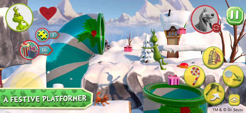 The Grinch - The Grinch jumping in a snowy winter level with festive decorations and game UI
