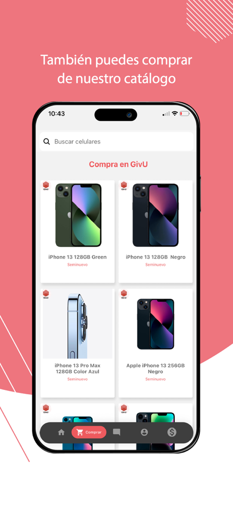 GivU - GivU app screenshot showing a catalog of refurbished iPhone 13 models available for purchase