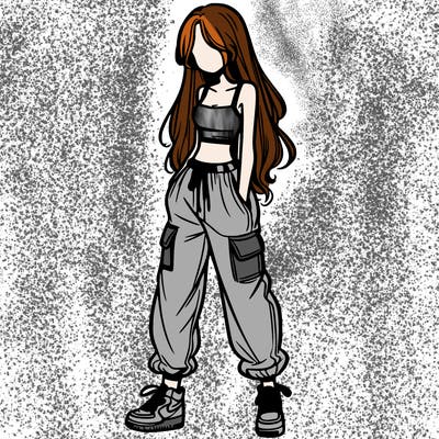 girl in baggy pants crop top and long hair