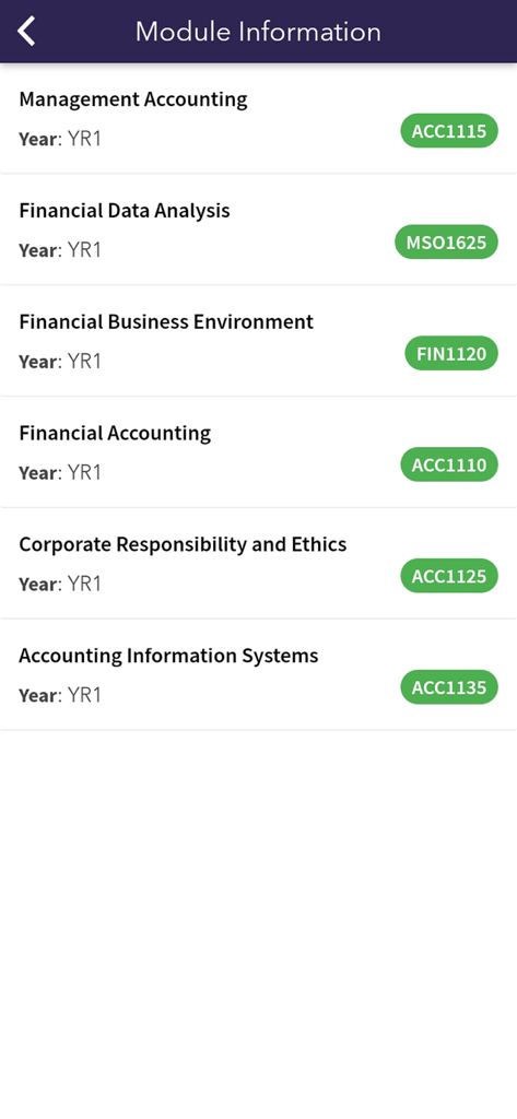 MDX Dubai - List of first-year academic modules in the MDX Dubai app showing course names and codes