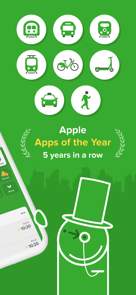 Citymapper: All Live Transit - Citymapper 마케팅 화면에 교통수단 아이콘과 Apple 올해의 앱 수상 문구가 표시됨