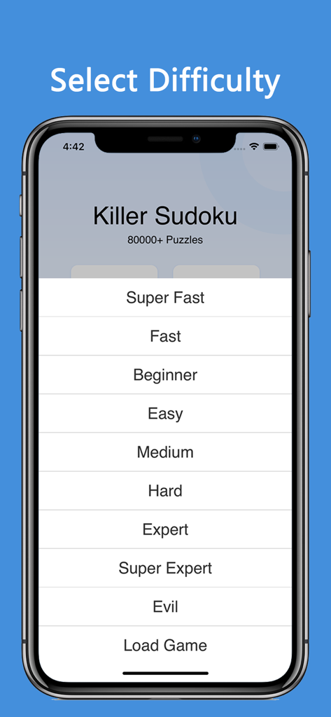 Killer Sudoku app menu on an iPhone showing nine difficulty levels from Beginner to Evil