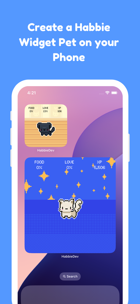 Habbie: Habit Tracker & Pet - Pixel art pet widgets for the Habbie habit tracker app on an iPhone home screen